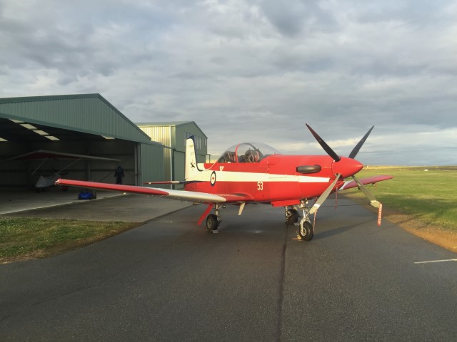 RAAF PC9 from Pearce Flight School. These trainers landed in Denmark and stayed overnight.  They normally only did 'touch and go' landings, however these were instructor candidates, so they  landed on our short 1200m runway. The new trainers from Pearce are not able to land on our runway any more.