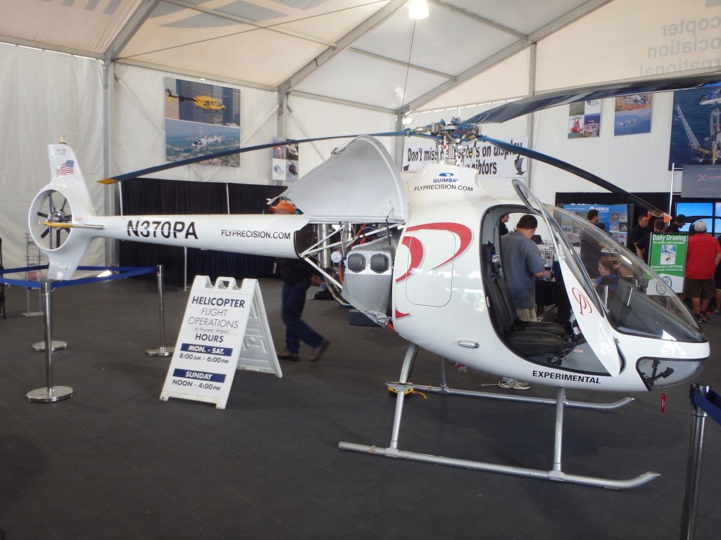 The Guimbal Cabri G2 on display with Precision Aviation. This particular aircraft, N370PA, was built in 2014 and was the first Cabri G2 brought to the United States. The modern two-seat helicopter featured a three-bladed rotor, composite construction and an enclosed Fenestron tail rotor. At the time of our visit it was operating in the Experimental category as the Cabri was being introduced to the US market. 