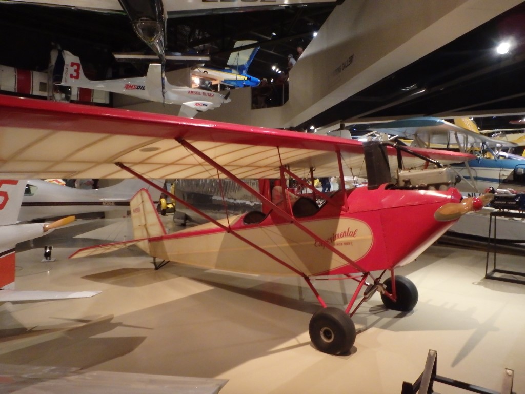 Hanging in the museum were some fascinating examples of the experimental rotorcraft movement. The enclosed aircraft is the 1983 RotorWay Executive N3WN, a homebuilt helicopter that won the EAA Rotorcraft Grand Champion award at Oshkosh in 1985. Alongside it is Ken Brock's tiny KB-2 gyroplane N2303, which made aviation history in 1971 when Brock flew it 3,400 miles across the United States from California to Kitty Hawk.