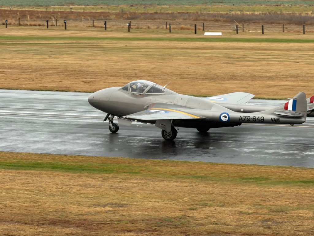 The distinctive de Havilland Vampire was one of the first generation of operational British jet fighters. First flown during WWII, it entered service as the piston-engined fighter era was drawing to a close. Powered by a single de Havilland Goblin turbojet, its unusual twin-boom layout and compact fuselage made it instantly recognisable.